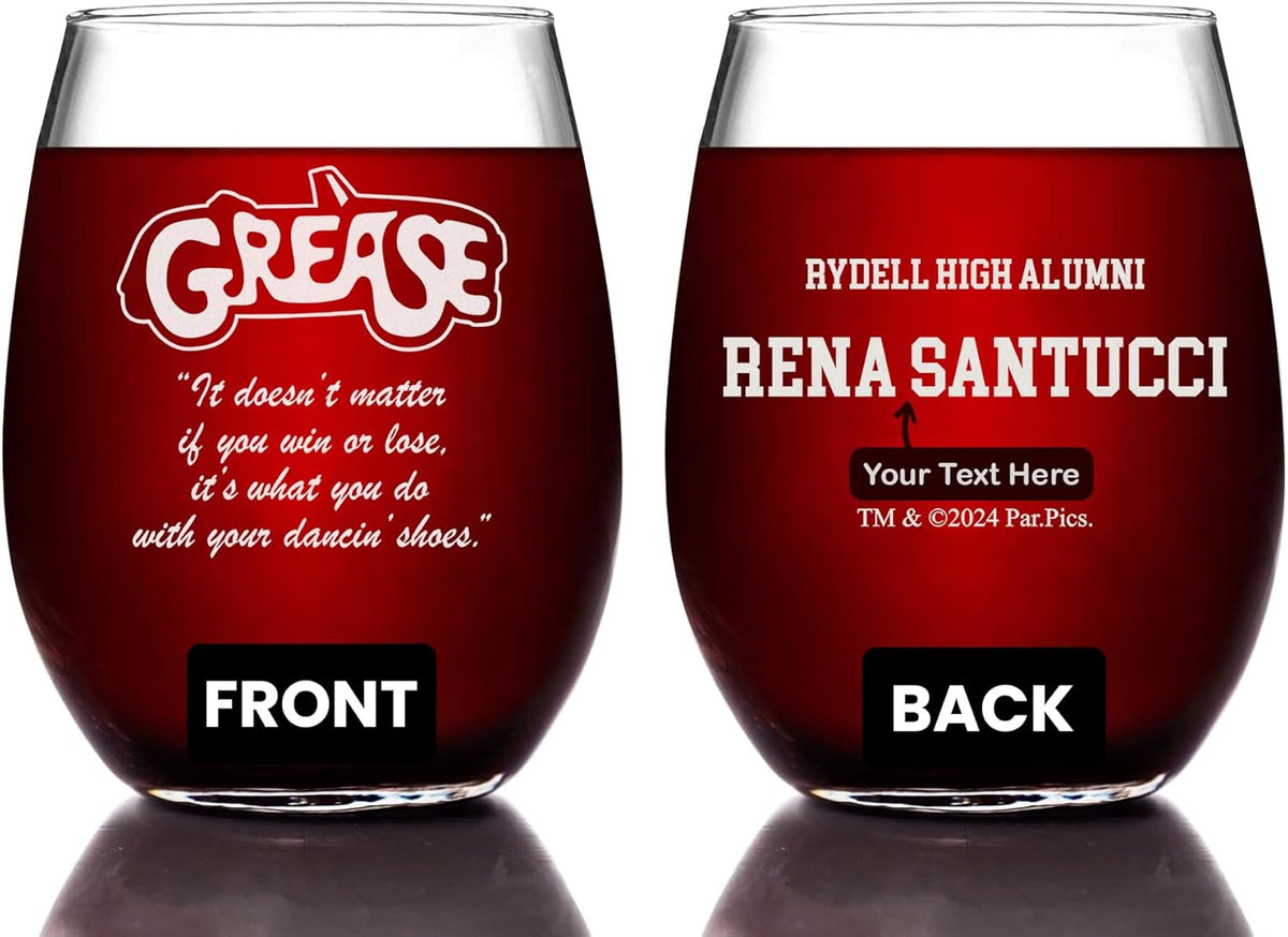 GREASE "Dancin' Shoes" Etched Stemless Wine Glass - w/Your Personalized Text - Officially Licensed, Premium Quality, Handcrafted Glassware, 15oz. - A Perfect Collectible Gift for Movie Enthusiasts