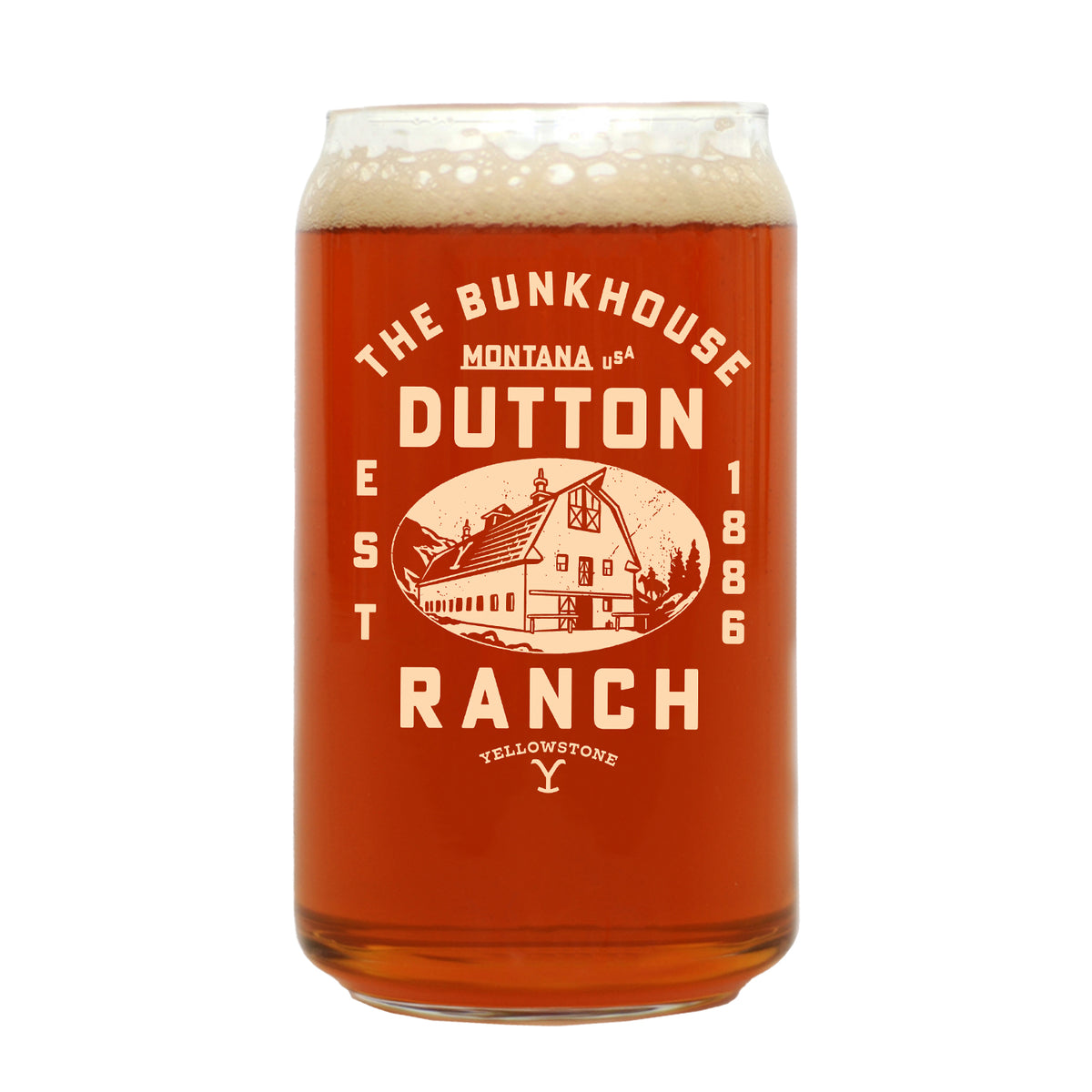 YELLOWSTONE BUNKHOUSE Screen printed Beer Can Glass