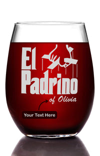 Load image into Gallery viewer, El Padrino Etched Stemless Wine Glass w/Your Personalized Text 15oz.
