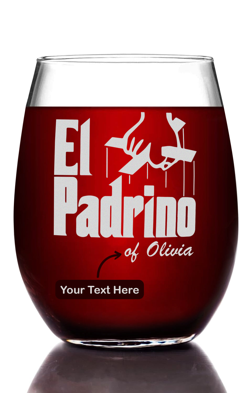 El Padrino Etched Stemless Wine Glass w/Your Personalized Text 15oz