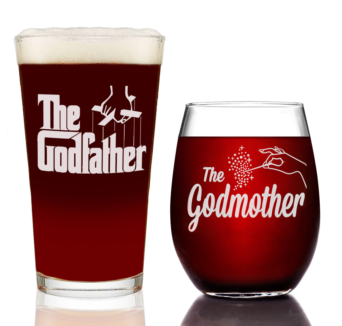 The Godfather Pint Glass and Godmother Stemless Wine Glass Set