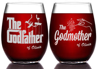 Load image into Gallery viewer, The Godfather &amp; Godmother Etched Stemless Wine Glass Set with Your Personalized Text
