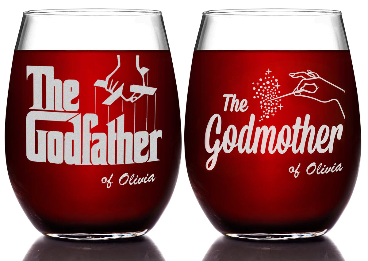 The Godfather & Godmother Etched Stemless Wine Glass Set with Your Personalized Text