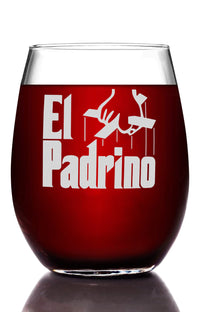 Load image into Gallery viewer, El Padrino Etched Stemless Wine Glass - Premium Quality, Handcrafted Glassware, 15oz.
