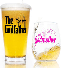 Load image into Gallery viewer, The Godfather &amp; Godmother Printed Pint &amp; Stemless Wine Glass Set
