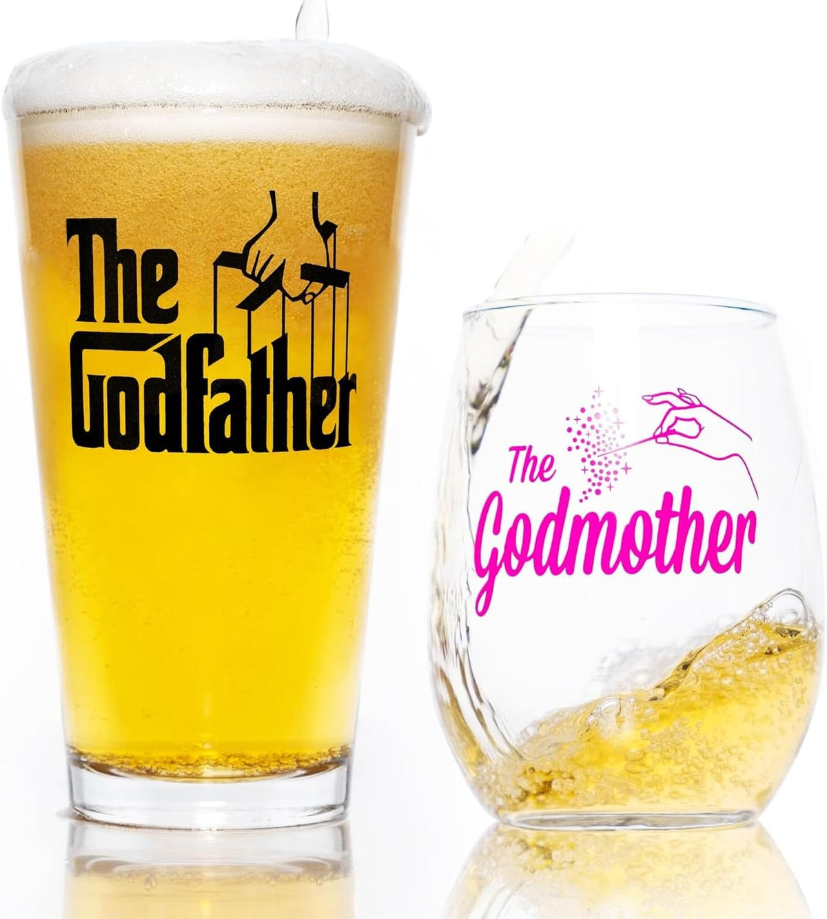 The Godfather & Godmother Printed Pint & Stemless Wine Glass Set