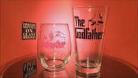 Load and play video in Gallery viewer, The Godfather Movie Godparent Gifts Set Godfather Pint Glass And Pink Godmother Stemless Glass
