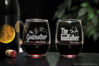Load image into Gallery viewer, The Godfather &amp; Godmother Etched Stemless Wine Glass Set with Your Personalized Text
