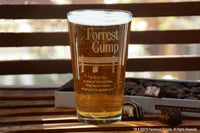 Load image into Gallery viewer, Forrest Gump Etched Pint Glass 16oz | w/Logo &amp; Quote &quot;Life is like a box of chocolates.....&quot;, Handcrafted Glassware
