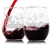 Load image into Gallery viewer, The Godfather &amp; Godmother Etched Stemless Wine Glass Set
