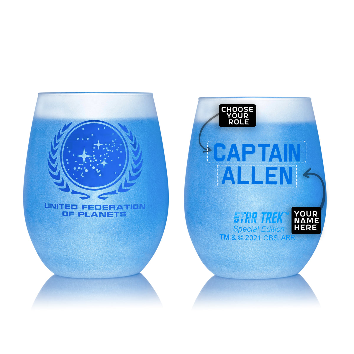 Star Trek: Personalized United Federation of Planets Etched Stemless Glass Special Edition In-Universe White Frosted Line