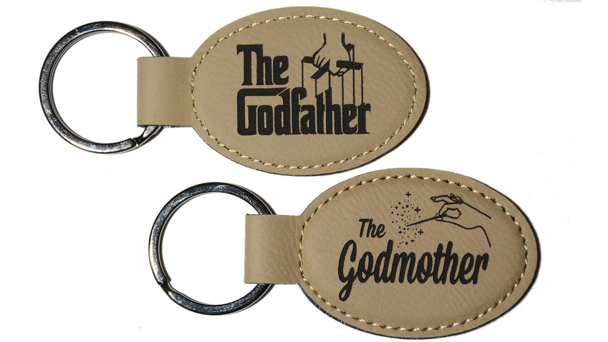 Godparent Christening Gift: Godfather Engraved Leatherette Keychain Double-sided (Set of 2)